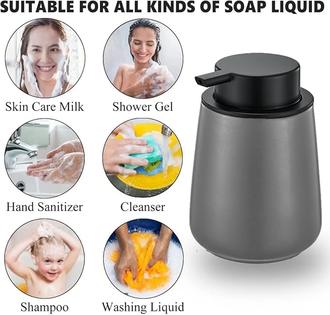 12Oz Grey Hand Soap Dispenser - Modern Ceramic Lotion Soap Dispenser with Easy-to-Press Black Pump, Reusable and Refillable Liquid Soap Dispenser for Bathroom, Dish Soap Dispensers for Kitchen