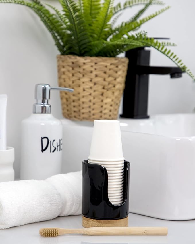 Ceramic Bathroom Cups Dispenser - 3 oz Disposable Paper & Plastic Bathroom Cups Holder - Mouthwash Cups Dispenser for Bathroom, Guest Toiletries, Countertop - BPA Free, Kids Safe (Black)