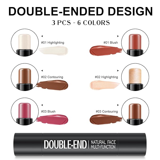 6 Colors Cream Contour Stick Makeup Kit,Shades and Highlighter,Blush and Bronzer Contour Stick for Sculpt the Cheeks,Long Lasting,Waterproof,Matte & Dewy Finish for Woman (SET C)