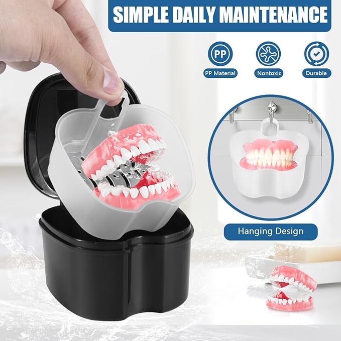 2 Pack Colors Denture Bath Case Cup Box Holder Storage Soak Container with Strainer Basket for Travel Cleaning (White and Black)