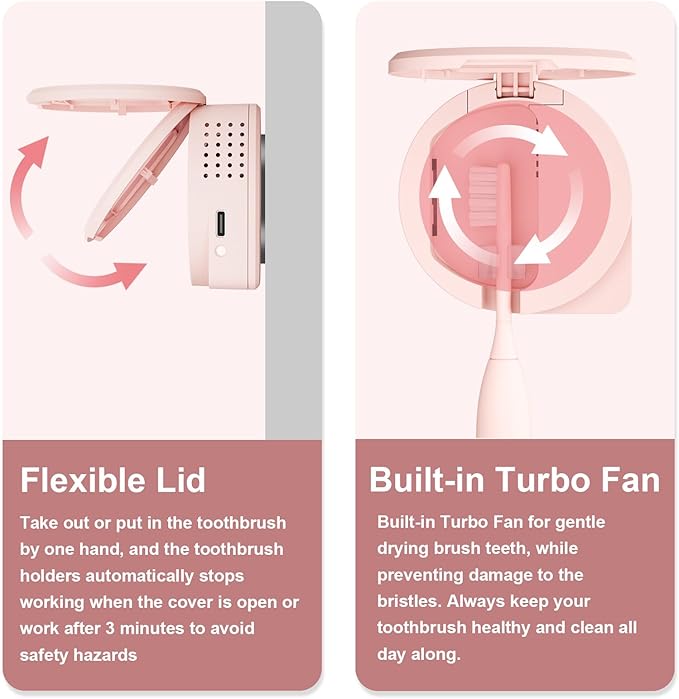UV Toothbrush Sanitizer Holder, Toothbrush Sanitizer and Holder Cover Caps with Fan Drying, Rechargeable Portable Toothbrush Cleaner Case Fits Most Electric and Manual Toothbrushes (Pink)