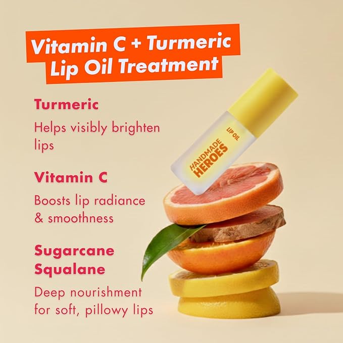 Handmade Heroes Turmeric Vitamin C Lip Gloss - 100% Natural Vegan Lip Treatment for Dry Dull Lips - Brightening for Dark Lips - Lightweight Moisturizing Nourishing