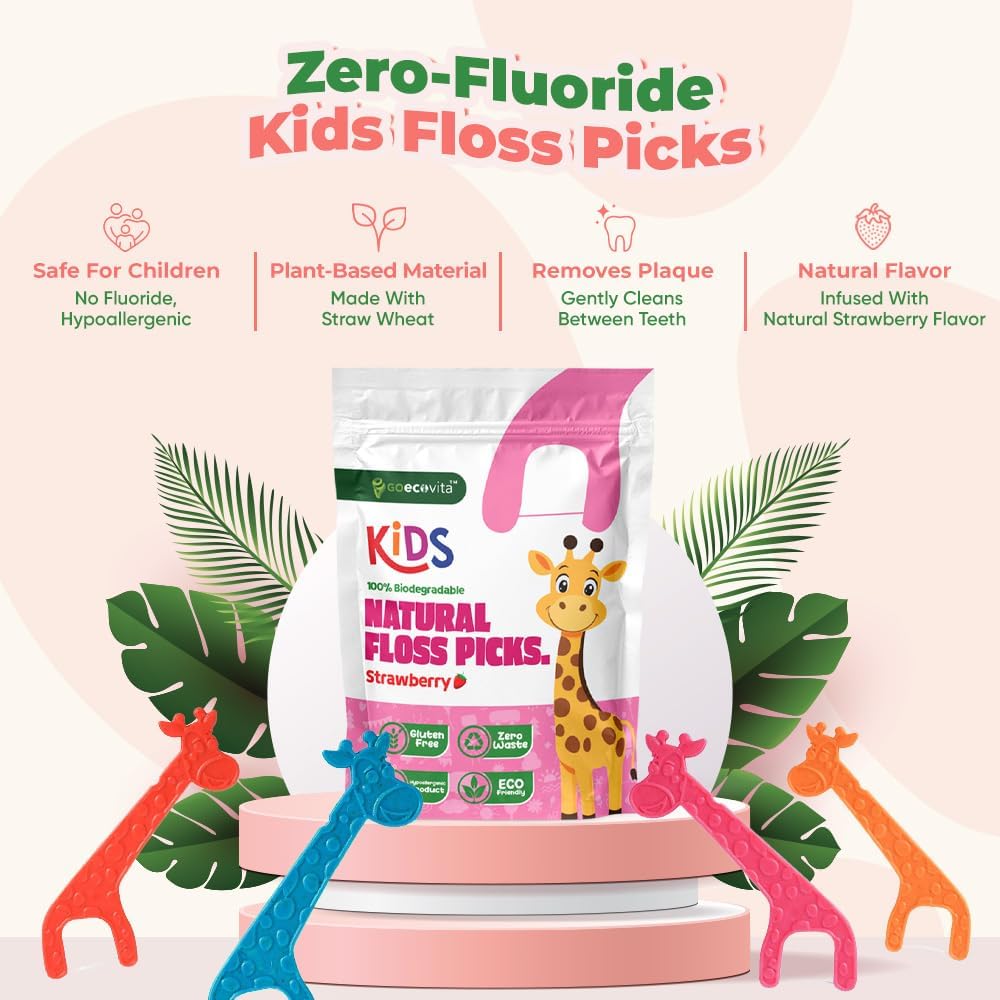Biodegradable Kids Flossers - Dental Floss Picks for Children | Fluoride & Plastic-Free | Colorful & Fun Animal Floss Sticks | Eco Friendly, Vegan, Natural (Strawberry - 200 Pack)