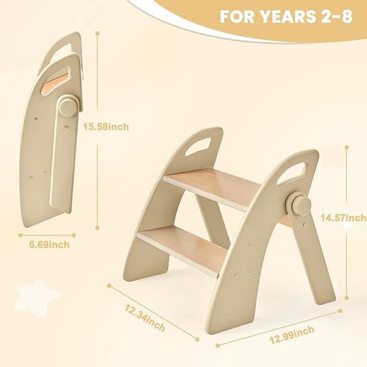 Wooden Step Stool, 300 lb. Load Capacity, with Safety Non-Slip Pads and Handles, Bamboo Step Stool for Bathroom and Kitchen, Gift for Christmas (Log Color)