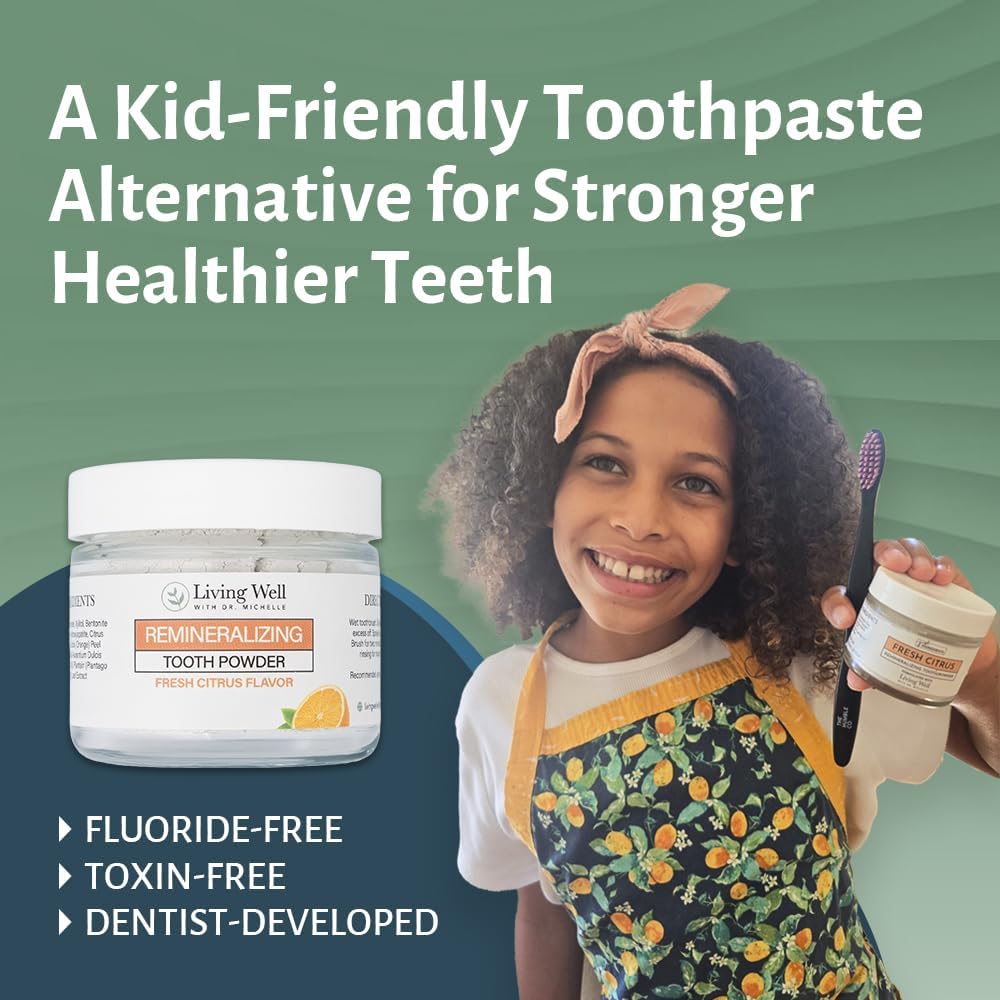 Living Well with Dr. Michelle Fresh Citrus Remineralizing Tooth Powder | Fluoride-Free Kids & Adults Formula | Hydroxyapatite for Enamel Support | Natural Ingredients for Stronger Smiles