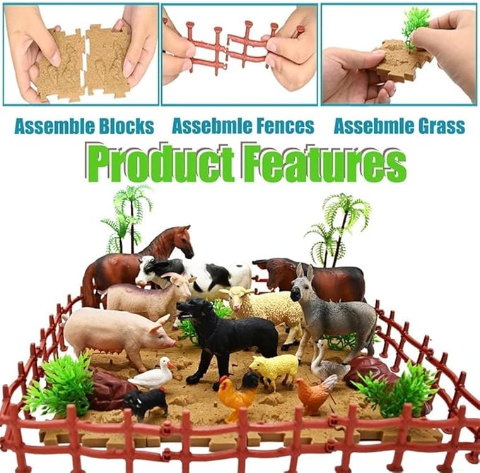 BOLZRA Farm Animal Figurines, Realistic Plastic Animals Toys with Fences Building Blocks, Farm Figures Playset Educational Christmas Birthday Gift for Kids & Toddlers, 53 PCS