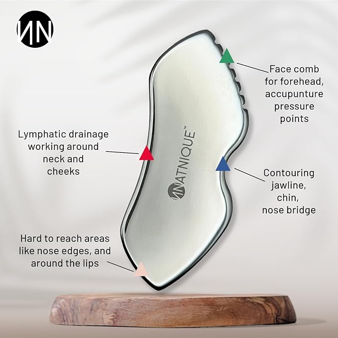 Natnique Stainless Steel Gua Sha Tool – Face & Neck Sculpting Massager for Lymphatic Drainage, Puffiness & Jawline Contour – Anti-Aging Facial Tool for Wrinkles, Firming, Relaxation & Cooling Relief