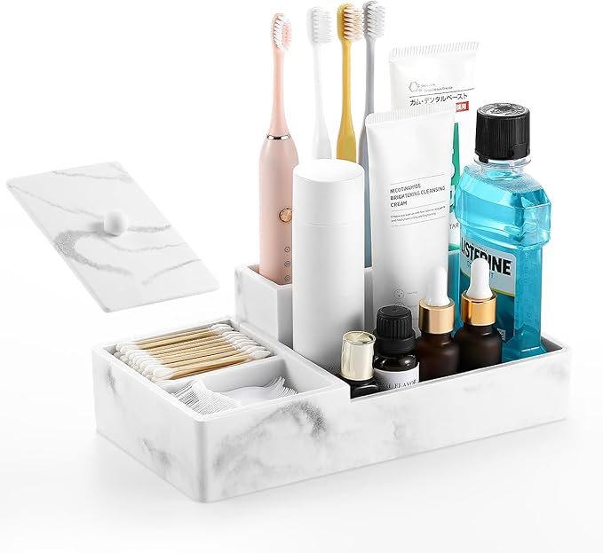 Luxspire Bathroom Counter Organizer, Marble Toothbrush Holder for Bathroom 6 Slot, Bathroom Vanity Organizer with Lid, Bathroom Organizer Countertop for Cotton Ball, Q-Tips, Floss, Gravel White