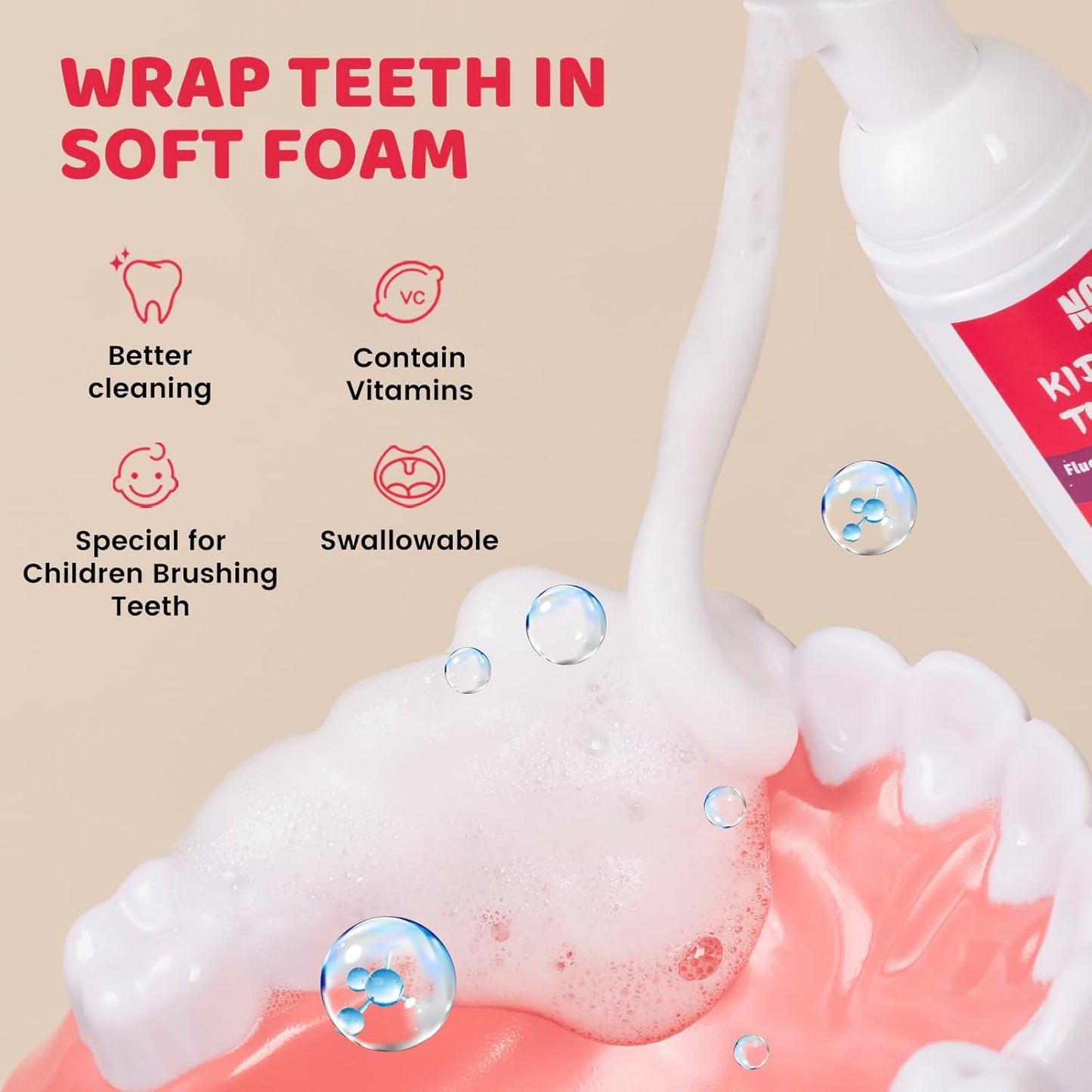 NOHOO Fluoride Free Foam Toothpaste Kids Strawberry,Natural Training Toothpaste for Baby Toddler Children Oral Cleaning and Cavity Protection(2 Pack)