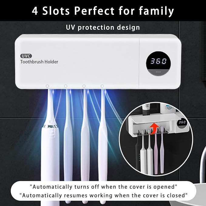 Thanksgiving Pick, Cordless Sanitizeri Toothbrush Holder, Sanitizeri Toothbrush Cleaner with 4 Slots & Timer Function, No-Drill Rechargeable Bathroom Wall Mounted Toothbrush Holders