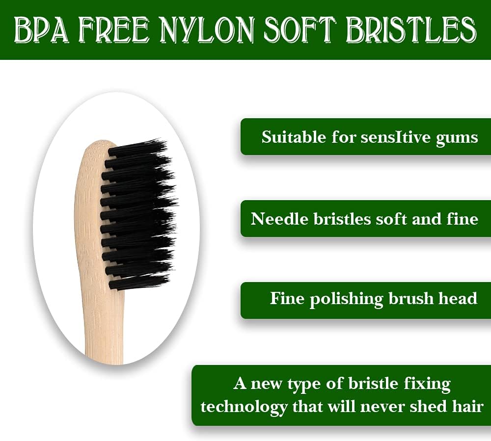 Virgin Forest Bamboo Toothbrushes, Eco Friendly BPA Free Soft Bristles Toothbrush, Biodegradable Natural Wooden Toothbrushes, Vegan Organic Bamboo Charcoal Tooth Brush for Sensitive Gums Set of 10