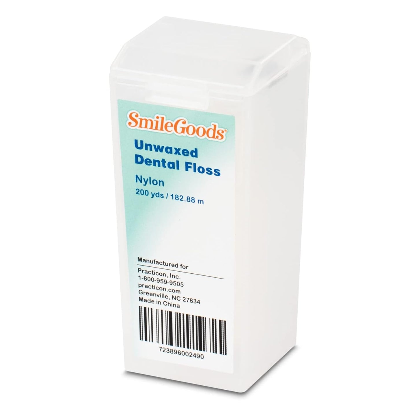 Practicon SmileGoods Unwaxed 200 Yard Dental Floss, Shred Resistant Nylon, Noncoated, Wax Less, Wax Free Floss, 1 Pack