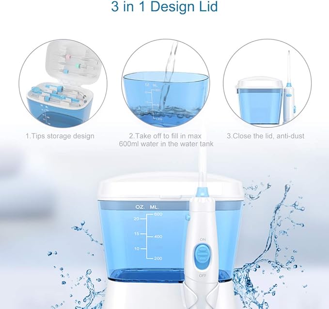 TUREWELL Water Flossing Oral Irrigator, 600ML Dental Cleaner 10 Adjustable Pressure, Electric Oral Flosser for Teeth/Braces, 8 Replacement Jet Tips for Family (White)