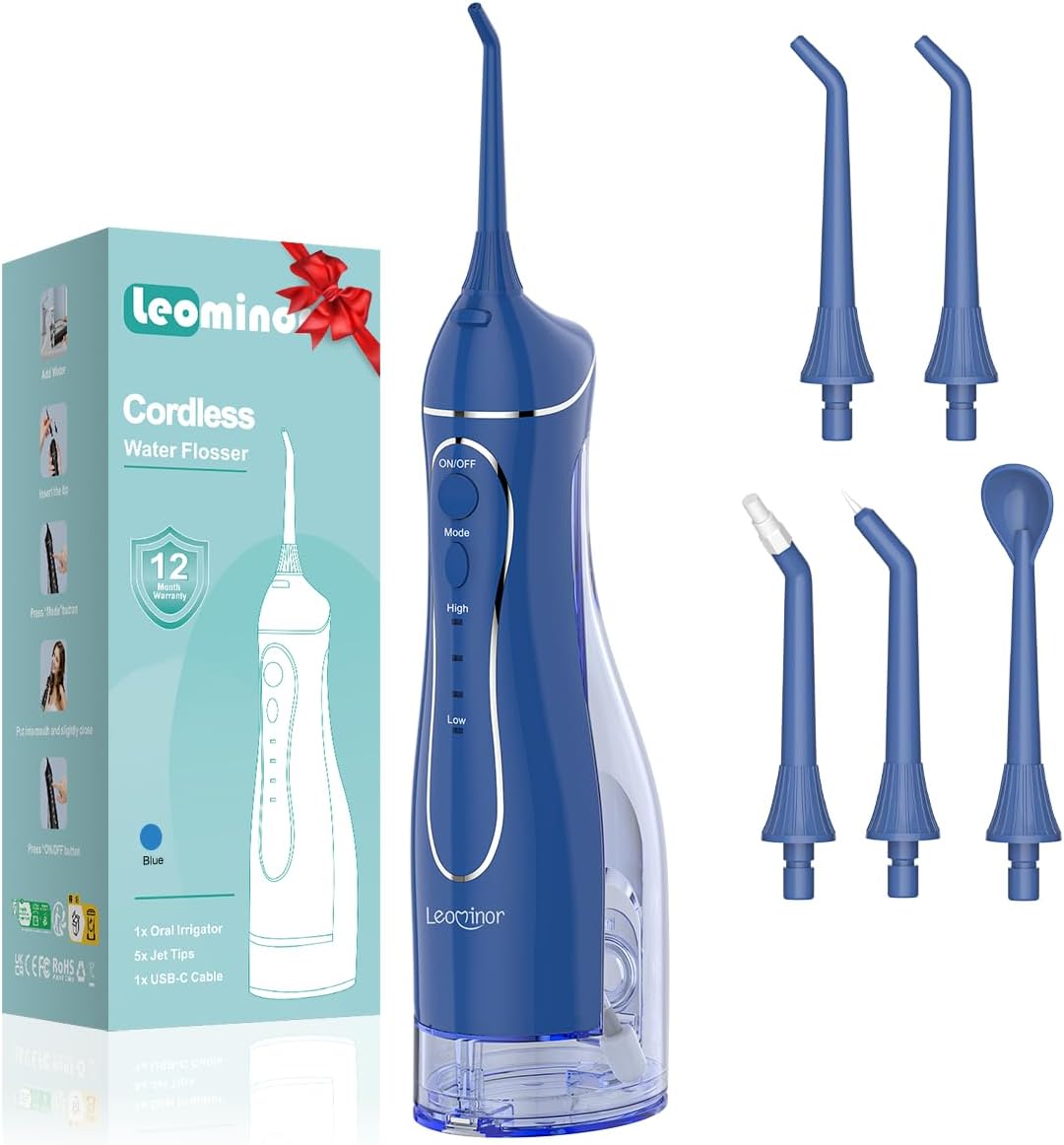 Leominor Water Dental Flosser Pick for Teeth, 300ML Portable Oral Irrigator Upgraded Tank Removable,IPX7 Waterproof, Rechargeable Travel Teeth Cleaner, Professional Electric Flossing(Dark Blue)