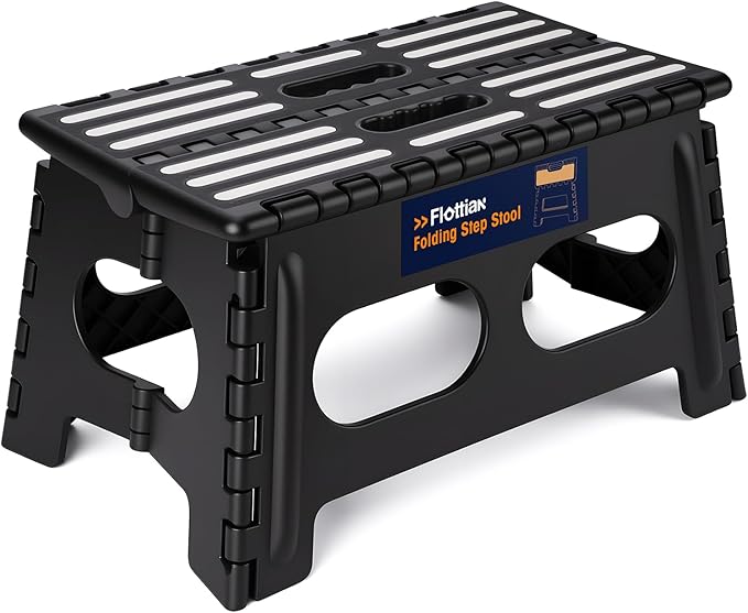 Flottian 9" Folding Step Stool for Adults and Kids 15-Inch Extra Wide Stool Holds Up to 300 lbs,Non-Slip Folding Stools with Handle,Compact Plastic Foldable Step Stool for Bathroom,Kitchen,ect,Black