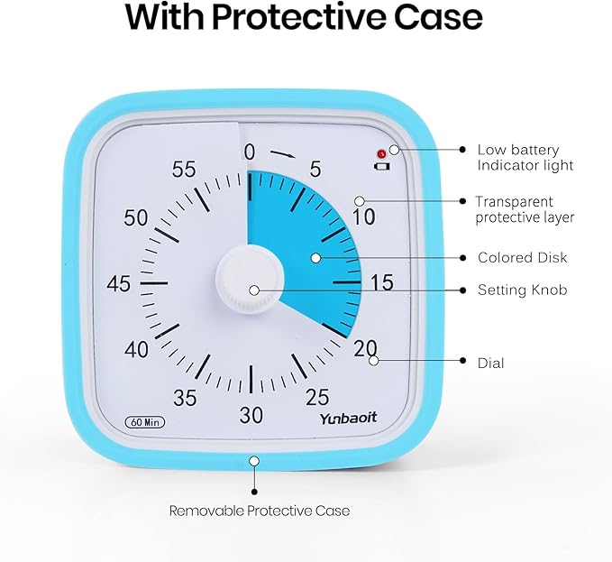 Yunbaoit Upgraded Visual Timer with Protective Case 60 Minute Countdown Timer for Kids with Low Power Indicator Light Clock Time Management Tool (Blue Blue)