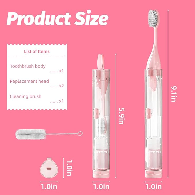 Travel Toothbrush with Built-in Toothpaste Container, Foldable Toothbrush with 2 Soft Brush Head, Portable Reusable Toothbrushes for Business Trips, Camping, Travel Size (Pink)