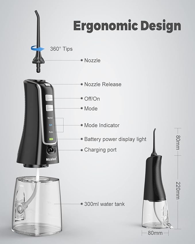 Nicefeel Cordless and Rechargeable Water Flosser - 300ML Water Tank Oral Irrigator, 4 Jet Tips, 3 Pressure Modes - IPX7 Waterproof and Travel Friendly for Dental Care