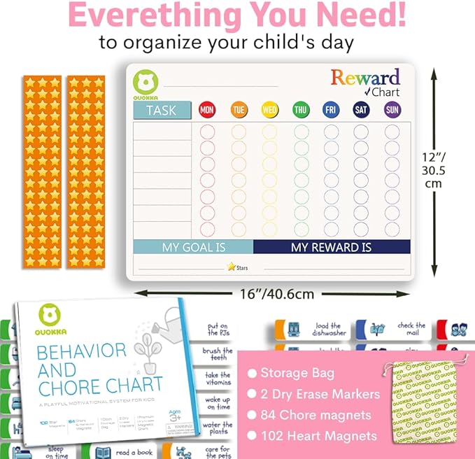QUOKKA Reward Chart for Kids - Magnetic Behavior Chore Chart for Kids at Home - Dry and Erase Routine and Responsibility - Use 84 Magnets & 102 Stars - from Toddlers to Teens