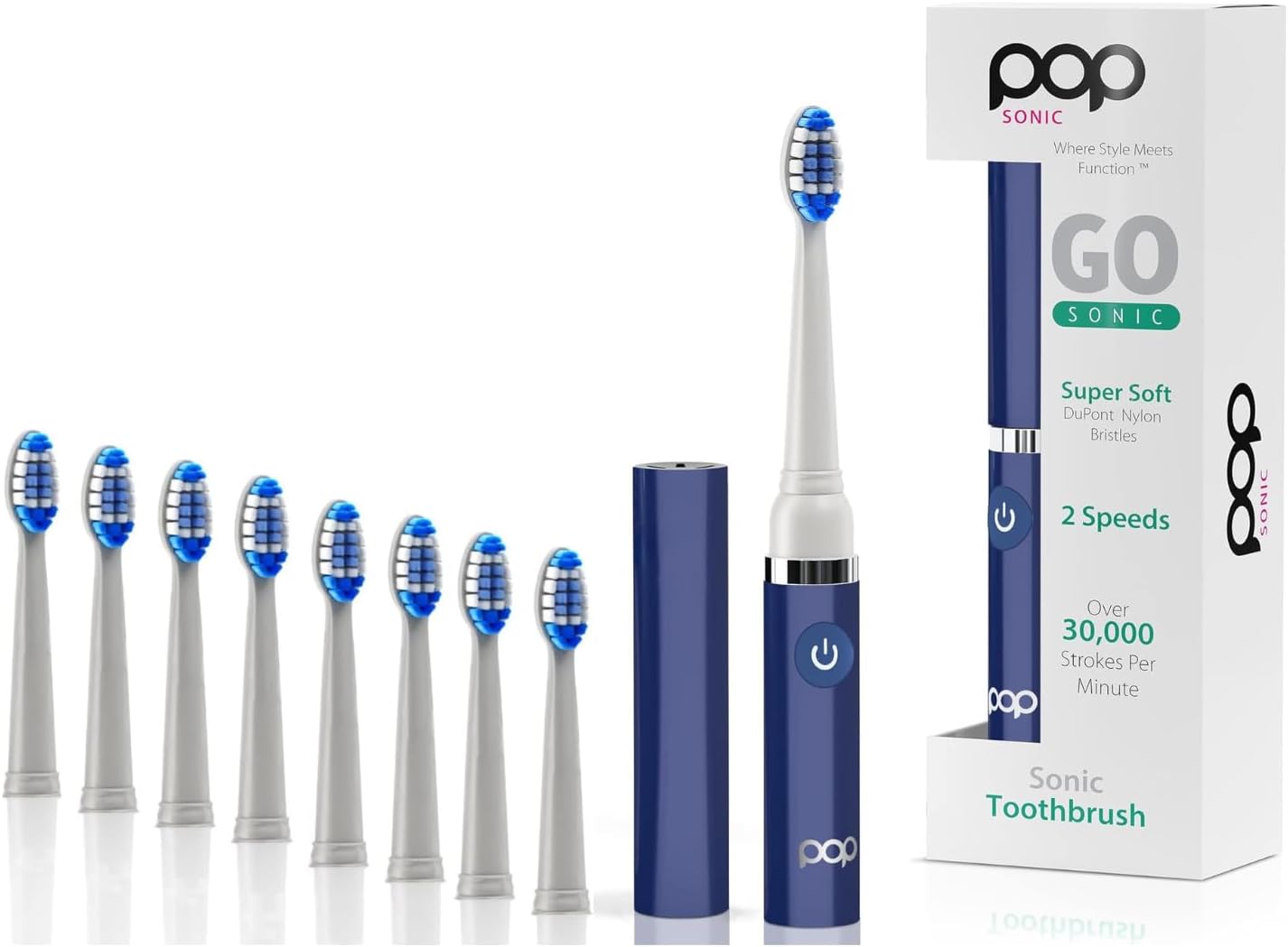 Pop Sonic Electric Toothbrush (Navy + 8 Brush Heads) - Travel Toothbrushes w/AAA Battery | Kids Electric Toothbrushes with 2 Speed & 15,000-30,000 Strokes/Minute, Dupont Nylon Bristles