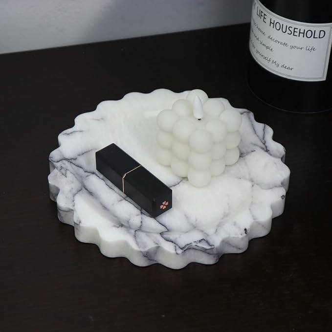 Round Marble Decorative Tray with Scalloped Edge, Luxury Natural Stone Bathroom Vanity Tray, Dresser Top Perfume Coffee Home Kitchen Sink Tray, Key Trinket Ring