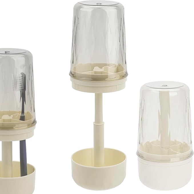 Toothbrush Holder Stand with Cup/Cover, Adjustable Height Toothbrush Organizer with 3 Slots, Portable for Bathroom, Travel, Camping (White)