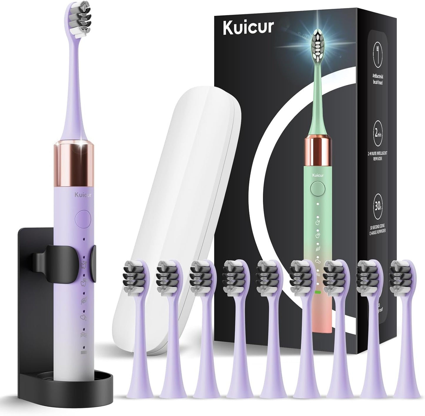 Sonic Electric Toothbrush for Adults & Kids, Rechargeable Electric Toothbrush with 10 Brush Heads & Travel Case, Teeth Whitening, Holder, Charge for 120 Days - Purple