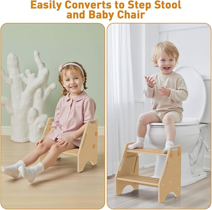 Toddler Step Stool, Wooden Height-Adjustable 2 Step Stool for Kids, 2 in 1 Potty Training Stool with Safety Handles Non-Slip Pads for Bathroom Sink, Kitchen, Bedroom (Natural)