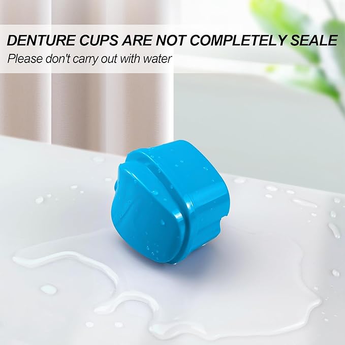 2 Pack Denture Cup Denture Bath Holder Case with Strainer Basket, Dental Retainer Cleaner Case False Teeth Container Denture Bath Soaking Cup with 2 Brushes - Purple and Blue