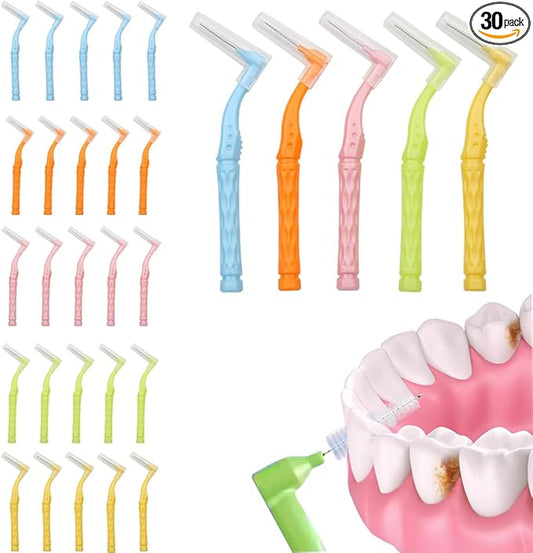 L-Shaped Interdental Brushes Oral Dental Hygiene Brush Angled Interdental Toothpick Short Handle 30Pcs 5 Different Sizes Tooth Portable Cleaning Tool (Multi-Colored)