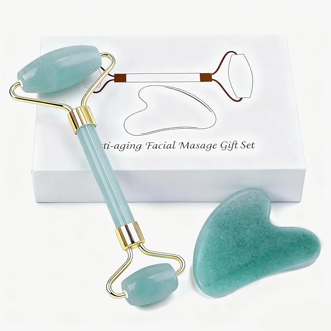 Jade roller and gua sha, facial roller, women's skincare tool, self-care gift, face, eye, neck massager, relieves fine lines and wrinkles, aventurine, opal, rose quartz