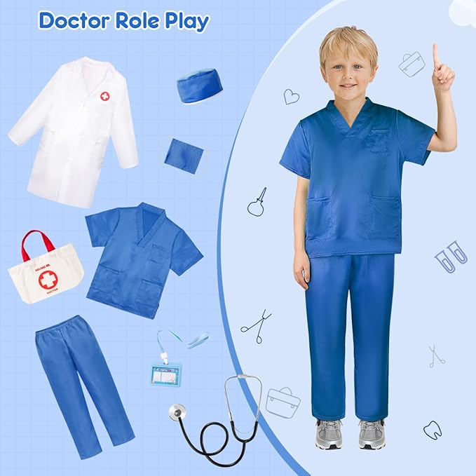 Meland Doctor Costume for Girls - Kids Scrubs with Lab Coat & Carry Bag, Doctor Dress Up for Halloween, Career Day Role Play