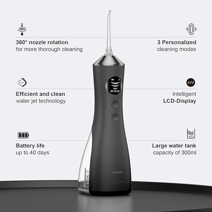 Water Dental Flosser for Teeth, Portable Cordless Water Flosser with 300ML Rechargeable with Type-C, IPX7 Waterproof Water Flossers for Adults with 3 Intensity Modes and 3 Flossing Tips Dark