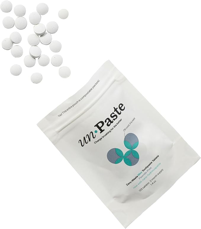 Now w/Nano-HYDROXYAPATITE, New Formula, Unpaste Toothpaste Tablets, Fluoride-Free Mint Remineralizing Tablet, Xylitol Free, Vegan, Plastic Free, Travel-Friendly, Resealable Packet, 125ct/2 mo Supply