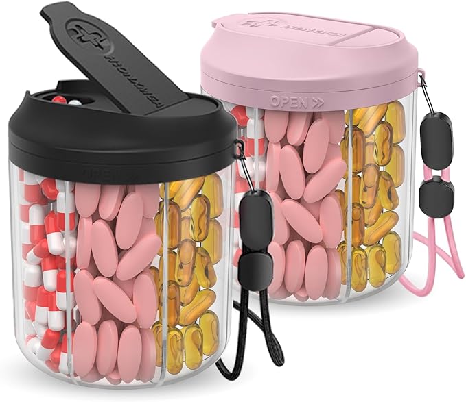 Pill Dispenser with 7 Large Compartments, Pill Organizer for Travel, Supplement Organizer with Anti-Mixing Design, BPA-Free Pill Container with 20 Pcs Labels, Black+ Pink