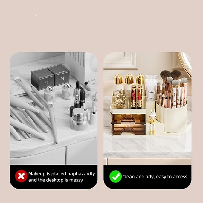 Makeup Organizer for Vanity with 2 Drawers,Countertop Rotating Makeup Brush Holder,Bathroom Organizer Holder,Cosmetic Display Case for Lipstick,Beauty,Skincare Organizer (Cream)