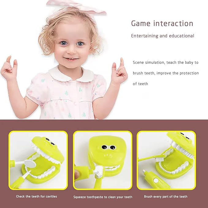 Dental Early Education Brushing Toys, 9Pcs/Set Children Role Play Toy Crocodile Cartoon Tooth Brushing Model Preschool Education Toy Dentist Game for Kids Classroom Yellow