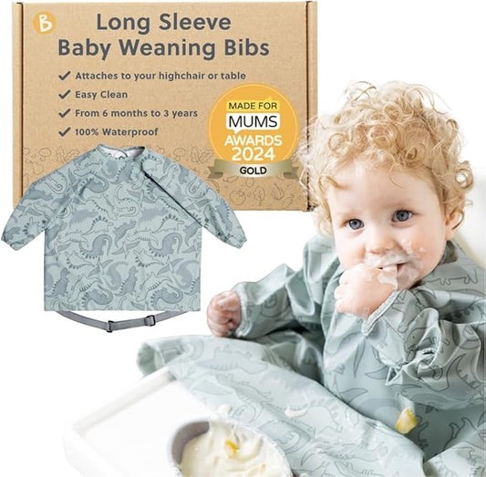BIBaDO - Long Sleeve Baby Bibs - Babies & Toddlers 6-36 Months - Coverall Baby Led Weaning Bib - Easy Wipe, Soft & Waterproof