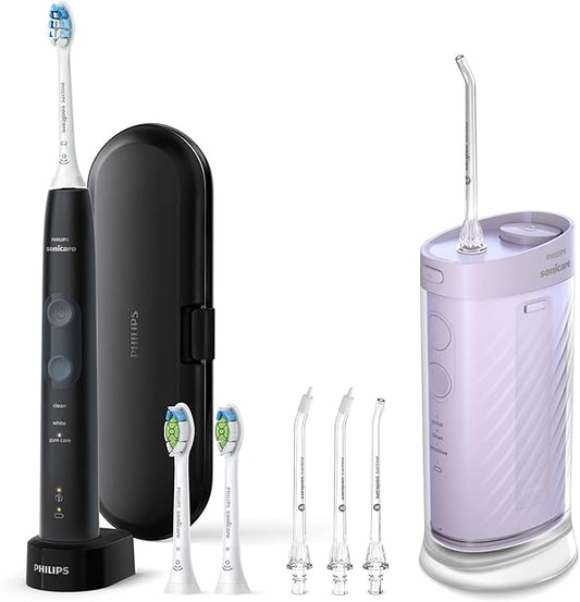 Philips Sonicare Compact Flosser 1000, Purple, ProtectiveClean 5300 Rechargeable Electric Toothbrush and 2PK Compact Nozzle Bundle