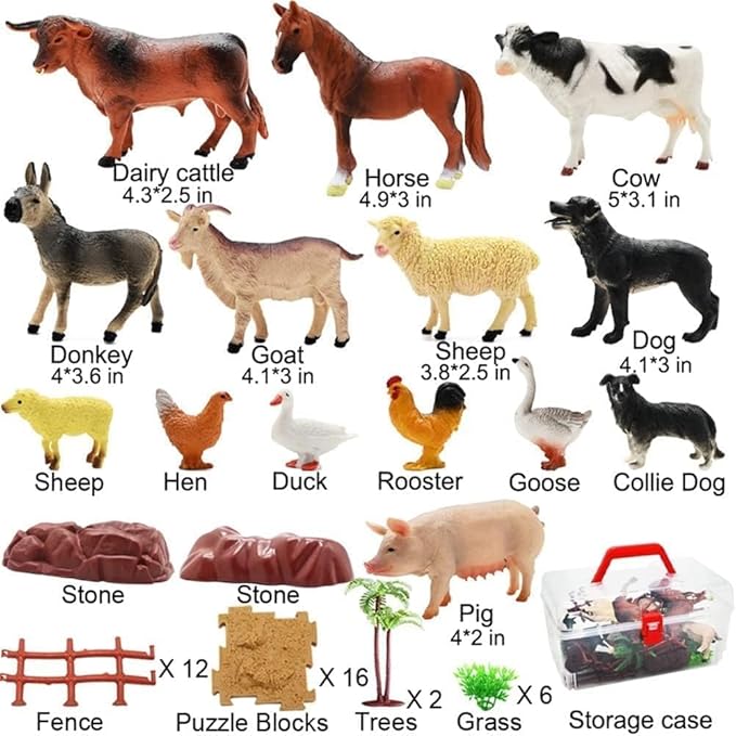 BOLZRA Farm Animal Figurines, Realistic Plastic Animals Toys with Fences Building Blocks, Farm Figures Playset Educational Christmas Birthday Gift for Kids & Toddlers, 53 PCS