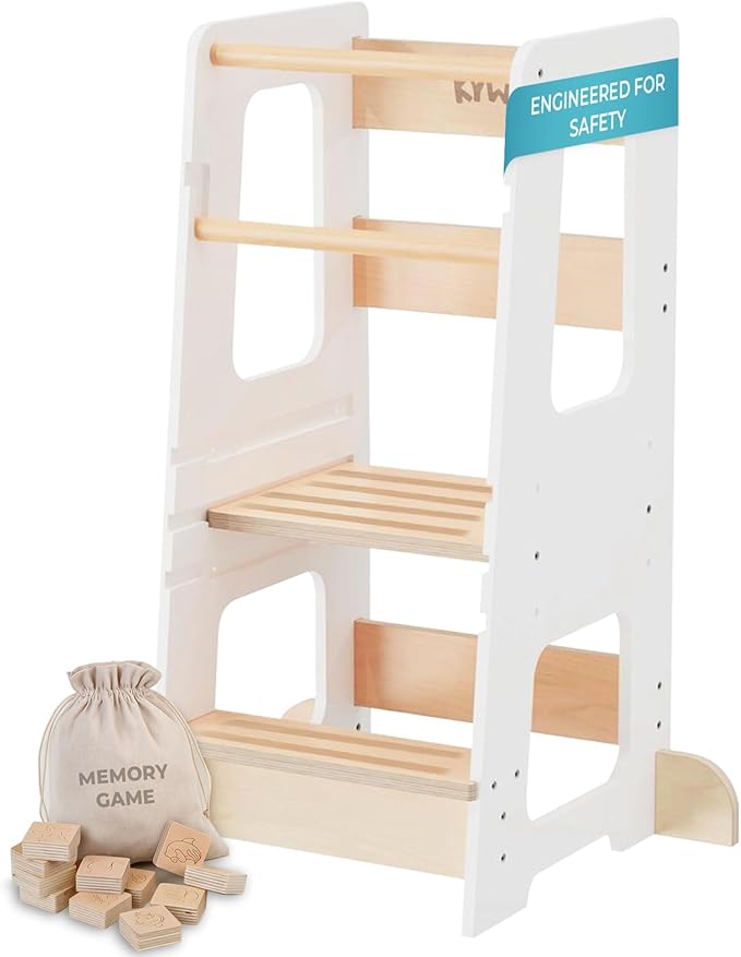 KYWAI® Toddler Kitchen Stool Helper, Adjustable Standing Tower with Safety Rails, Anti-Tip Design & Non-Slip Stickers, Sustainable Product with Extra Memory Game Made from Leftover Wood (White)