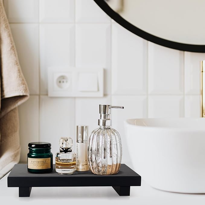 Wooden Pedestal Stand Black Bathroom Counter Organizer Tray Decor Farmhouse Wood Risers Small Hand Soap Dish Dispenser Holder for Kitchen Sink Modern Bathroom Vanity Accessories Decorative Tray