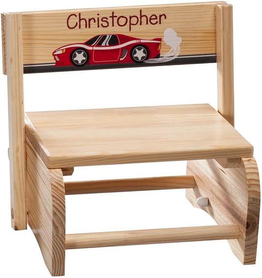 Custom 2-in-1 Children's Step Stool and Chair, Customized with Kid’s Name, Racecar Design