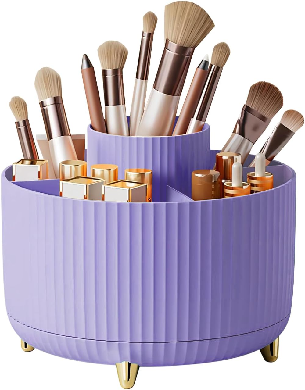 DASITON Large Capacity Makeup Brush Holder,360° Rotating Makeup Organizer,5 Slot Makeup Brushes Cup,for Vanity Decor,Bathroom Countertops,Desk Storage Container,Cosmetic Display cases(Purple)