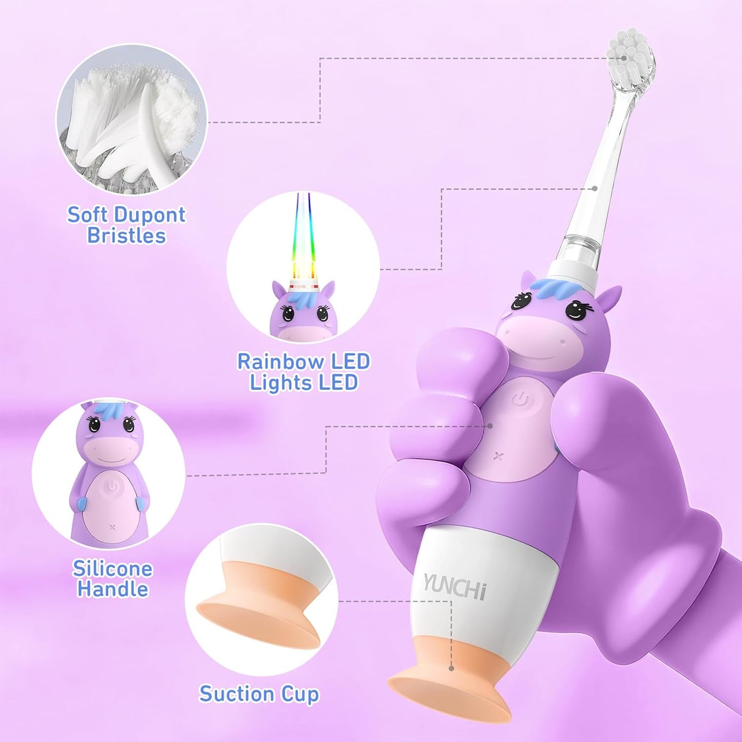 YUNCHI Toddler Electric Toothbrush Kids 0-3-6 Years, Baby Electric Toothbrush with Colorful LED Light, Battery Powered Toddler Toothbrush with 2 Minutes Timer 4 Brush Heads, Infant Toothbrush (Purple)