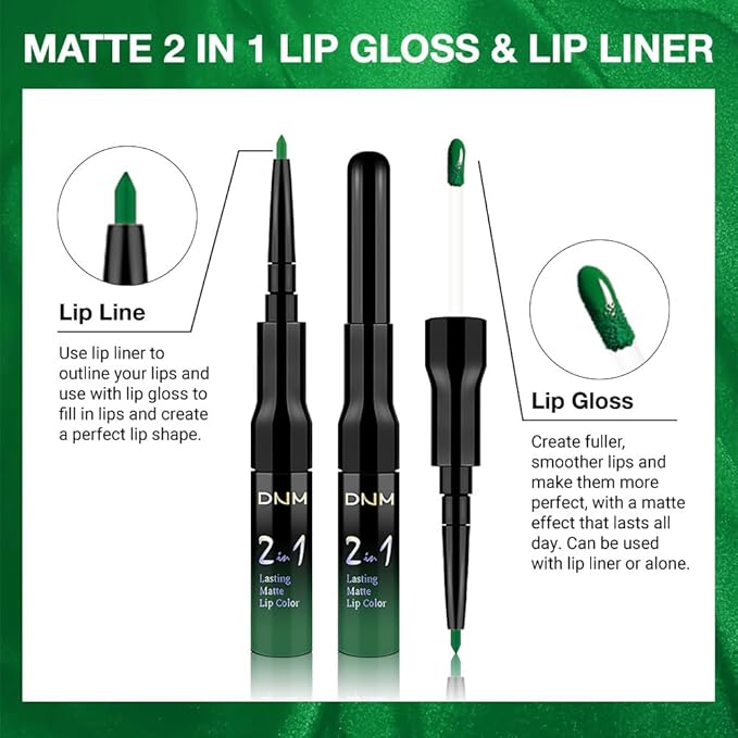 1Pcs 2 in 1 Forest Green Purple Matte Lip Liner and Liquid Lipstick Stain Makeup Set for women, Green Long Lasting Smudge Proof Lip Tint Matte Finish Lip Gloss for All-Day Color Hold Easy to Use 48#