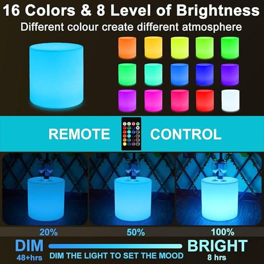 16-inch LED Cylinder Stool, Rechargeable Glowing Chair w/Remote, Dimmable 16 RGB Colors Changing Versatile LED Side Seat/Table, Waterproof Round Chair Light Mood Lamp for Home Garden Patio Party Decor