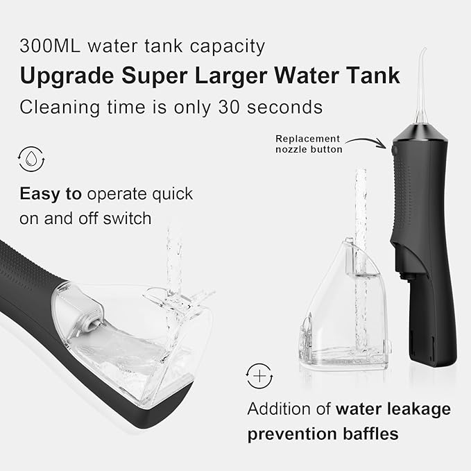 Water Dental Flosser for Teeth, Portable Cordless Water Flosser with 300ML Rechargeable with Type-C, IPX7 Waterproof Water Flossers for Adults with 3 Intensity Modes and 3 Flossing Tips Dark