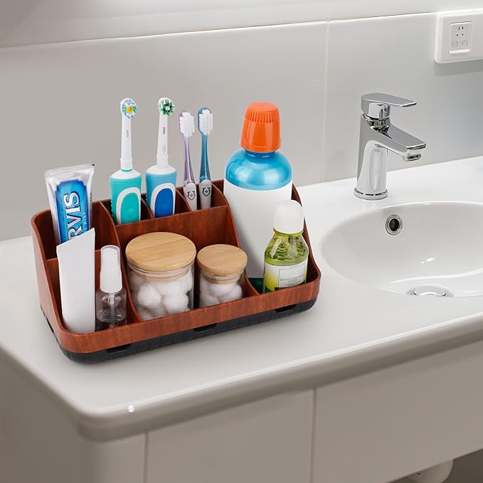 Bathroom Decor and Accessories - Detachable 7 Slots Kids Electric Toothbrush and Toothpaste Holde for Bathroom Tray Countertop Vanity Storage, Bathroom Sink Storage Organizer, Red Wood
