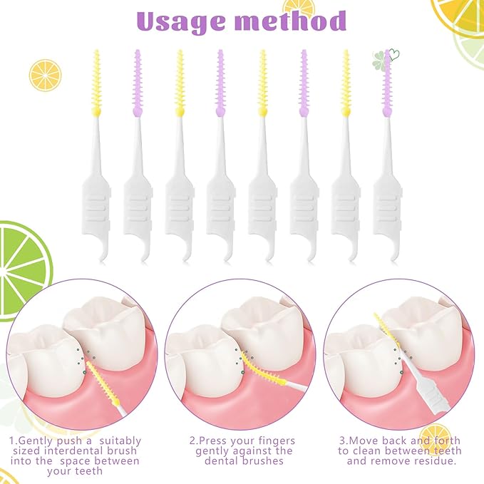 250 Pieces Interdental Brushes, Silicone Dental Floss Picks with Case Dental Brushes Dental Picks Tooth Floss Picks for Teeth Cleaning(Yellow, Purple)
